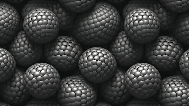 Dark spherical golf ball pattern in seamless motion.