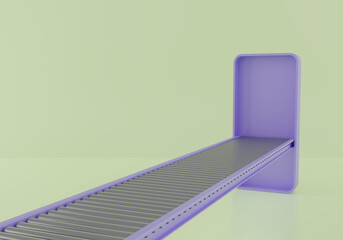 Modern conveyor belt with violet frame and steel rollers. Minimal background in soft green tone. Suitable for automation, logistics, factory, warehouse, or delivery process concept. 3d render.