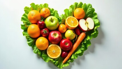 A vibrant arrangement of fresh fruits and vegetables artfully composed in a heart shape, nestled on a bed of crisp lettuce, showcasing the beauty of healthy eating.