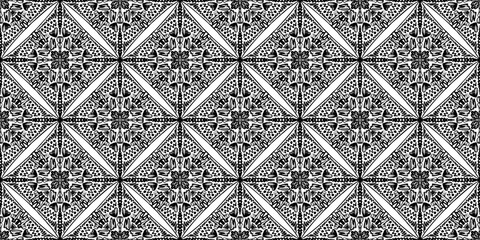 Artistic textured vector black and white hand drawn rhombus seamless pattern with decorative ethnic motif. Grunge geometric square print with rhomb shapes for textile design, wrapping paper, surface