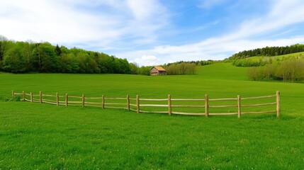 Lush Green Pasture with Wooden Fence and Scenic Landscape
