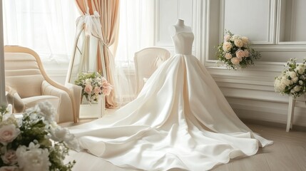 Fototapeta premium Elegant Bridal Dress in a Chic Wedding Setup with Floral Arrangements