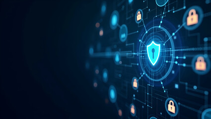 Obraz premium Contemporary Wallpaper Design: Abstract Blockchain Grids & Digital Shield Icons for Secure Transactions in Fintech - Modern Corporate Communications with Ample Empty Space