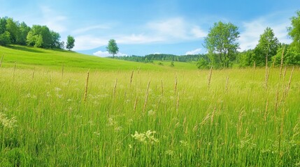 Fototapeta premium Lush Green Meadow Under Clear Blue Sky with Sparse Trees in Distance