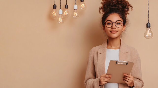 A woman standing with a clipboard in one hand, surrounded by glowing light bulbs representing creativity and ideas. The background is a soft beige color, minimalist and calm