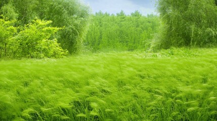 Obraz premium Lush Green Meadow with Vibrant Grass and Trees Under Soft Sky