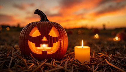 Candle-lit pumpkin glowing at sunset in a pumpkin patch, fall ambiance