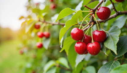Shiny cherries glistening on branches in countryside orchard, natural beauty