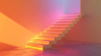 Glowing Neon Staircase Suspended in Modern Airy Apartment with Seamless Design