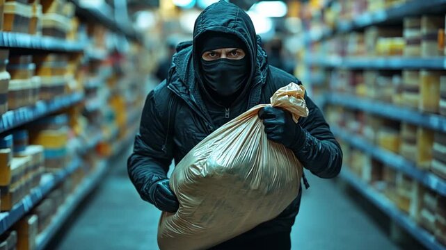 Masked robber in supermarket aisle