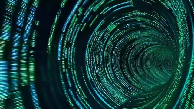 Futuristic Digital Data Tunnel with Flowing Binary Code in Blue and Green