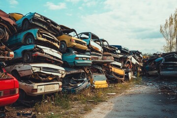 Abandoned vehicles piled high in a scrapyard, waiting to be recycled.