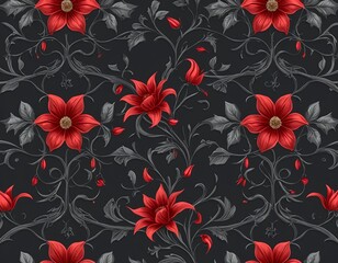 Fototapeta premium Red Floral Seamless Pattern on Black Background