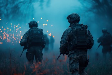 Naklejka premium Soldiers advance through a foggy landscape illuminated by distant lights