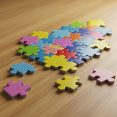 Fototapeta premium Colorful puzzle pieces scattered on a wooden table 
