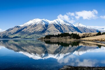Obraz premium Mountain lake reflecting snowy peaks and blue sky. Quiet vista