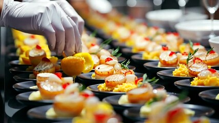 Elegant culinary presentation of gourmet appetizers being garnished at a lavish event with blurred background activity