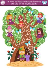 Fun maze for kids with woodland fairies, cute dress, labyrinth shaped tree. Fairytale princess printable activity with girl. Magic forest labyrinth game, puzzle with dwarf and beautiful gown present
