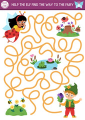 Fun maze for kids with elf searching the way to fairy bug. Fairytale princess printable activity with cute girl with wings. Magic forest, woodland labyrinth game, puzzle with date concept, meadow