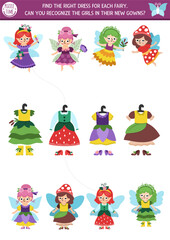 Woodland fairy matching activity with little girls looking for new gowns. Magic forest puzzle with flower, acorn, berry princess and their dresses. Fairytale fantasy match up page, game with wardrobe