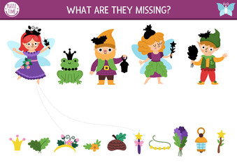 Fototapeta premium Woodland fairy matching activity with fantasy creature and missing objects. Magic forest puzzle with princess, frog, dwarf, elf. Fairytale match up page, printable worksheet with wand, bouquet, hat