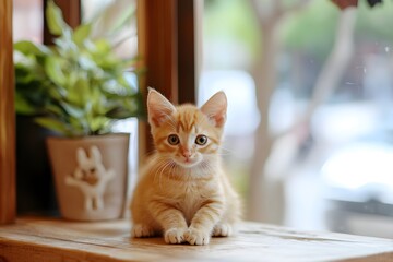 kitten cafe concept A cute kitten sitting on a windowsill beside a plant, looking curiously at the camera.