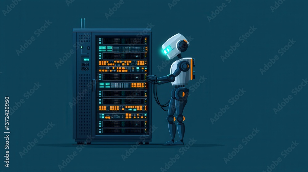 Poster data engineer fixing a massive digital server with a robotic assistant.