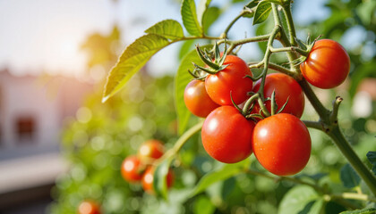 Ripe tomato cluster glistening in sunlight on rooftop garden, urban harvest