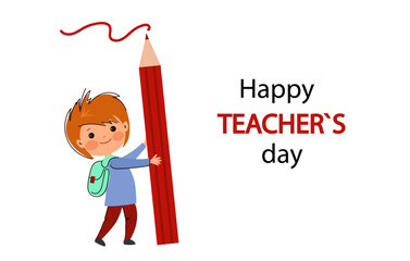 Kid congratulates teacher on holiday with big pencil, education concept for greeting card, banner for teacher's day, shows the importance of knowledge and educator.Vector drawing cartoon illustration 