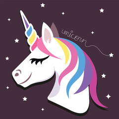 Vector cute unicorn icon isolated, cartoon, illustration. Head portrait horse sticker, print a child's T-shirt, hand drawing of the lettering.