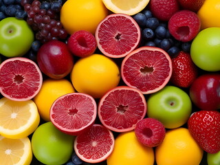 Assorted Fresh Colorful Fruits Including Citrus, Apples, and Berries Close-Up