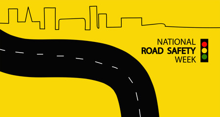 national Road safety week vector banner. National Road Safety Week poster featuring an abstract cityscape skyline, black winding road with dashed lines and traffic light, promoting awareness campaign