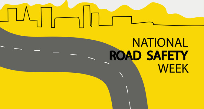 national Road safety week vector banner. National Road Safety Week poster featuring an abstract cityscape skyline, black winding road with dashed lines and traffic light, promoting awareness campaign