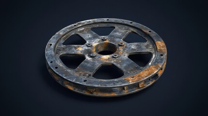 Obraz premium A worn-out old steel wheel with rust details, placed on a deep navy blue backdrop