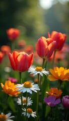 Fototapeta premium Vibrant tulips, daisies and roses in full bloom in a garden, spring, bouquet, flora