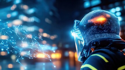 Urban firefighter in futuristic gear city skyline digital art night environment side view technology concept