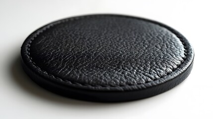 Elegant circular black leather coaster with hand-stitched edges sits on minimalist white surface, showcasing premium craftsmanship and luxurious texture in professional product shot.  