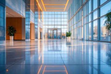 Fototapeta premium Modern Architecture and Office Space. A sleek lobby showcases natural light through large glass windows and polished floors.