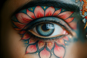 Close up view of artistic eye with flower makeup