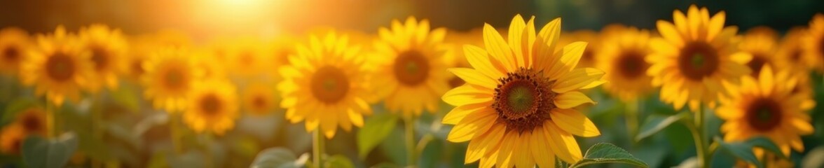 Obraz premium Golden hour in a sunflower garden, colorful flowers, summer, rural, bloom