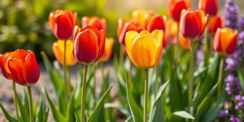 Vibrant tulips bowed gently by a spring breeze, blossom, fragile