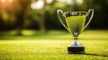 A championship trophy resting on the final green, symbolizing victory and achievement.