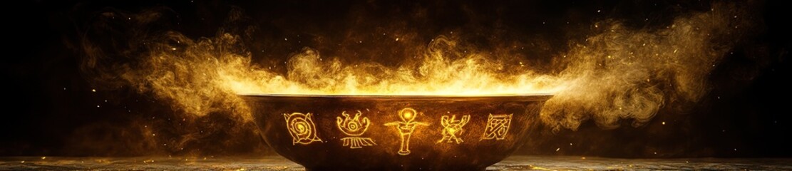 Fototapeta premium An enchanted bronze cup filled with golden mist, its vapor forming ancient symbols that glow softly.