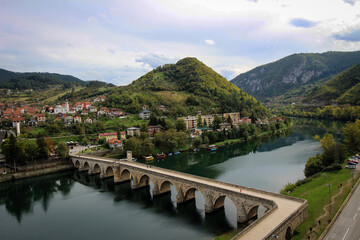 Fototapeta premium Mehmed Pasa Bridge in Visegrad aerial view, Bosnia and Herzegovina