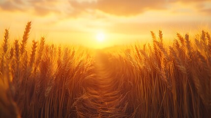 Naklejka premium Golden wheat field bathed in sunset light features a narrow dirt path cutting through swaying amber grain, with warm sunlight filtering through tall stalks, creating a peaceful rural farmland scene. 