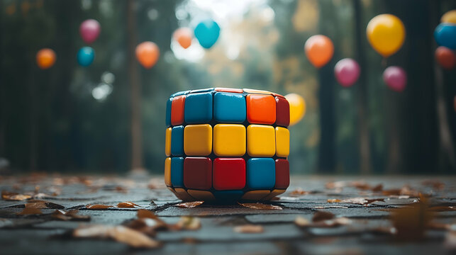 A colorful puzzle cube is resting in an outdoor environment - Powered by Adobe