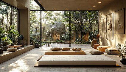 Fototapeta premium Tranquil modern zen space with garden views