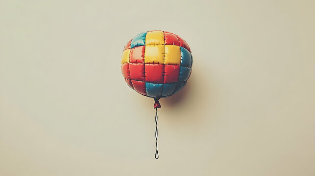 A colorful patchwork balloon floats against a neutral background