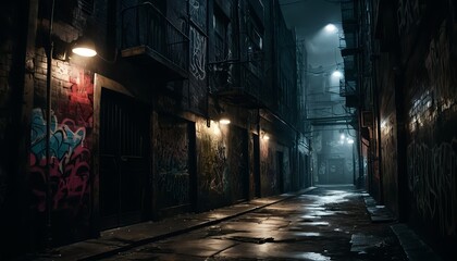 Dark and Mysterious Urban Alleyway at Night