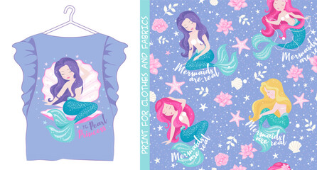 Beautiful little Purple mermaid with pearl on pastel pink background for t-shirts or kids fashion art. Cute lmermaid.